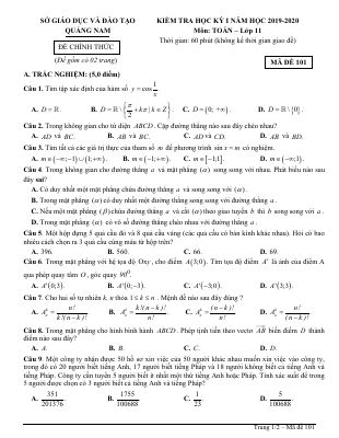 Đề thi học kì 1 Toán 11 năm học 2019  2020 sở GDĐT Quảng Nam