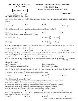 Đề thi học kì 1 Toán 11 năm học 2018  2019 sở Quảng Nam