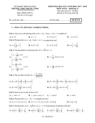 Kiểm tra học kỳ 1 Toán 11 năm học 2017 2018 trường THPT Phước Vĩnh Bình Dương(1)