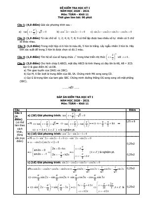 Đề thi học kì 1 môn Toán lớp 11 năm 2020 - 2021 THPT Nguyễn Gia Thiều có đáp án