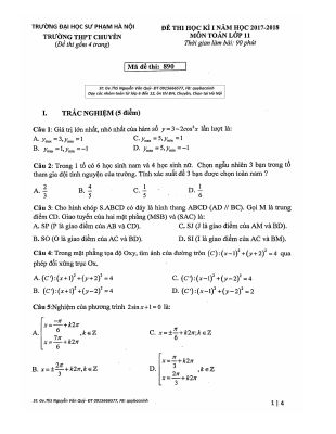 Đề thi học kỳ 1 Toán 11 năm học 2017  2018 trường THPT chuyên Đại học Sư Phạm Hà Nội