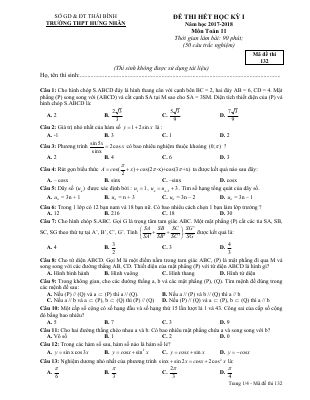 Đề thi học kỳ 1 Toán 11 năm học 2017 2018 trường THPT Hưng Nhân Thái Bình