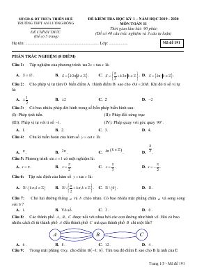 Đề thi học kỳ 1 Toán 11 năm 2019  2020 trường An Lương Đông  TT Huế