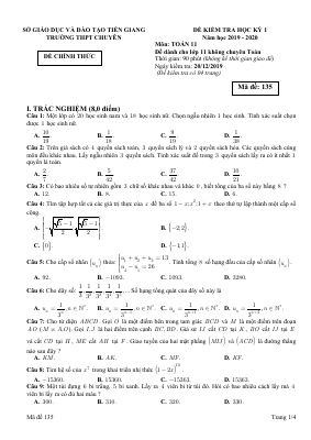 Đề thi học kỳ 1 Toán 11 năm 2019  2020 trường THPT chuyên Tiền Giang