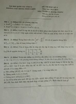 Đề thi học kì 1 Toán 11 không chuyên năm học 2017  2018 trường Phổ Thông Năng Khiếu  TP. HCM
