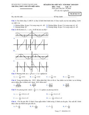 Đề thi hết kỳ 1 Toán 11 năm học 2018  2019 trường chuyên Biên Hòa  Hà Nam