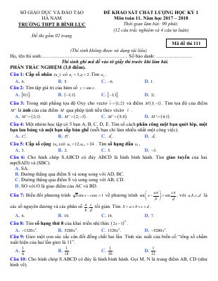Đề KSCL học kỳ 1 Toán 11 năm học 2017 2018 trường THPT B Bình Lục Hà Nam