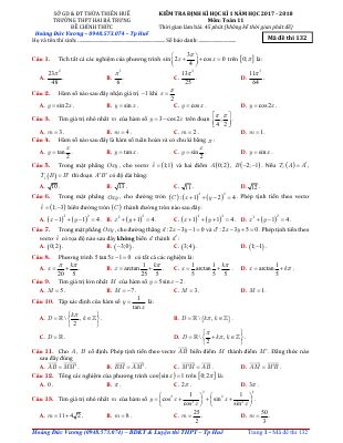 Đề thi học kì 1 môn Toán lớp 11 THPT Hai Bà Trưng