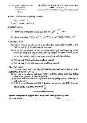 Đề thi học kì 1 môn Toán lớp 11 năm 2019  2020 THPT Trần Hưng Đạo