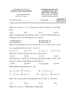 Đề thi học kì 1 môn Toán lớp 11 năm 2019  2020 THPT Thanh Miện có đáp án