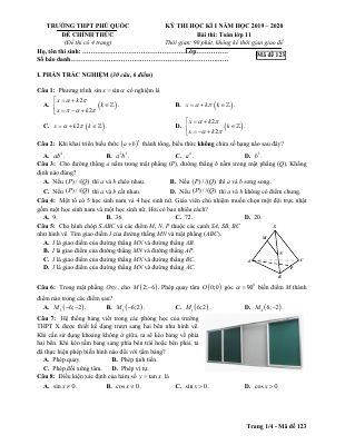 Đề thi học kì 1 môn Toán lớp 11 năm 2019  2020 THPT Phú Quốc có đáp án