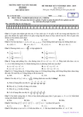 Đề thi học kì 1 môn Toán lớp 11 THPT Nguyễn Trãi có đáp án