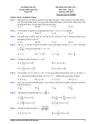 Đề thi học kì 1 môn Toán lớp 11 THPT Kim Liên chọn lọc