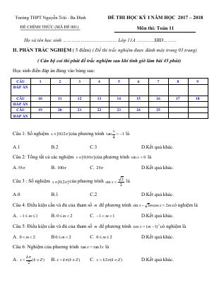Đề thi học kì 1 môn Toán lớp 11 THPT Nguyễn Trãi Ba Đình có đáp án