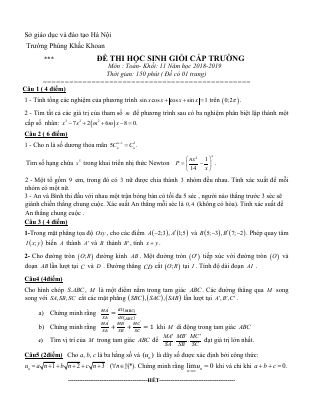 Đề thi học sinh giỏi môn Toán lớp 11 năm 2018 2019 trường Phùng Khắc Khoan Hà Nội