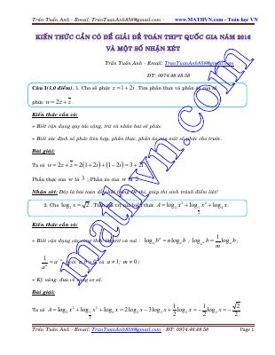 Bài tập có đáp án chi tiết vê số phức môn toán lớp 12 năm 2016 của trần tuấn anh