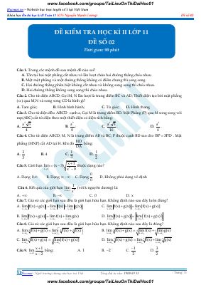 Đề kiểm tra học kì 2 môn Toán lớp 11 - Nguyễn mạnh cường - Mã 2