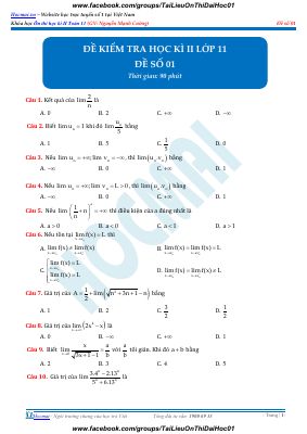 Đề kiểm tra học kì 2 môn Toán lớp 11 - Nguyễn mạnh cường - Mã 1