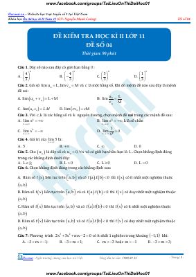Đề kiểm tra học kì 2 môn Toán lớp 11 - Nguyễn mạnh cường - Mã 4