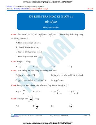 Đề kiểm tra học kì 2 môn Toán lớp 11 - Nguyễn mạnh cường - Mã 3