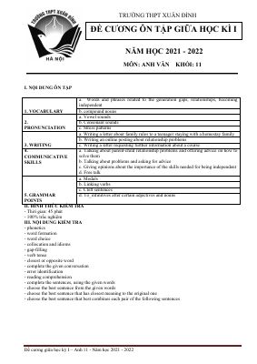 Đề cương ôn tập giữa học kì 1 Môn Tiếng Anh lớp 11 Trường THPT Xuân Đỉnh năm 2021 - 2022