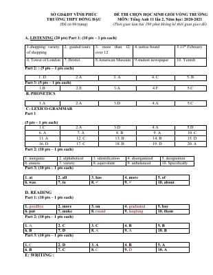 Đề thi chọn HSG môn Tiếng Anh lớp 11 năm 2020 - 2021 THPT Đồng Đậu có đáp án