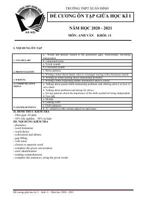Đề cương ôn tập giữa học kì 1 môn Anh lớp 11 năm 2020 - 2021 THPT Xuân Đỉnh