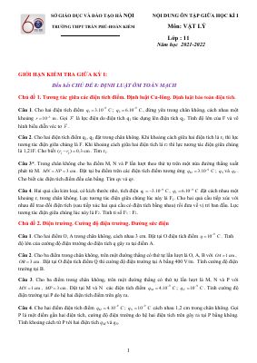 Đề cương ôn tập giữa học kì 1 môn Vật lý lớp 11 Trường THPT Trần Phú - Hoàn Kiếm năm 2021 - 2022