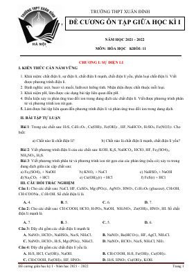Đề cương ôn tập giữa học kì 1 môn Hóa Học lớp 11 Trường THPT Xuân Đỉnh năm 2021 - 2022