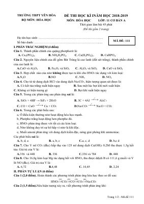 Đề thi học kì 1 môn Hóa học lớp 11 THPT Yên Hòa - Mã đề 111