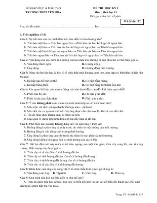 Đề thi học kì 1 môn Sinh lớp 11 THPT Yên Hòa - Mã đề 132