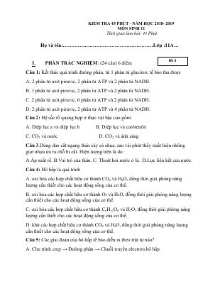 Đề thi thử giữa kì 2 môn Sinh lớp 11 năm 2018 - 2019 chọn lọc