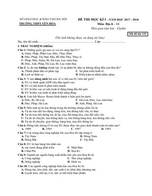 Đề thi học kì 1 môn Địa lớp 11 THPT Yên Hòa - Mã đề 132