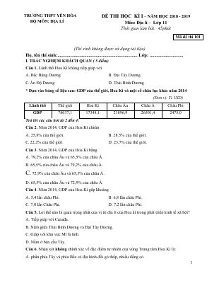 Đề thi học kì 1 môn Địa lớp 11 THPT Yên Hòa - Mã đề 101