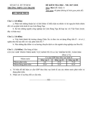 Đề thi học kì 1 môn Địa lớp 11 THPT Cần Thạnh có đáp án