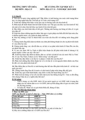 Đề cương ôn tập học kì 1 môn Địa lớp 11 THPT Yên Hòa năm 2019 - 2020