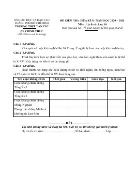 Đề thi giữa học kỳ 2 môn Lịch sử lớp 10 Trường THPT Tân Túc năm 2020-2021