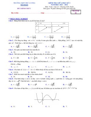 Đề kiểm tra học kì 1 môn Toán lớp 12 Trường THPT Phú Lương năm 2021 - 2022