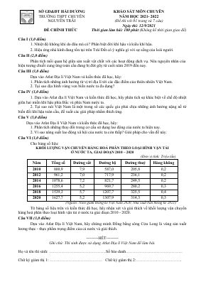 Đề thi học sinh giỏi cấp trường môn Địa Lí Trường THPT Chuyên Nguyễn Trãi Tỉnh Hải Dương năm 2021 - 2022