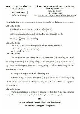 Đề thi chọn đội tuyển học sinh giỏi Quốc Gia môn Toán Tỉnh Sơn La năm 2021 - 2022