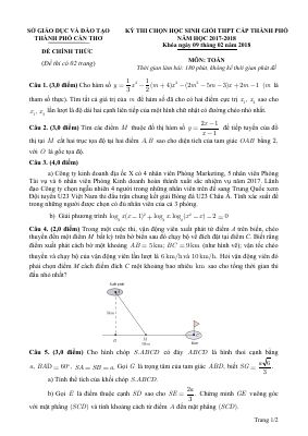 Đề thi học sinh giỏi môn Toán lớp 12 năm 2017 - 2018 TP.Cần Thơ có đáp án chi tiết