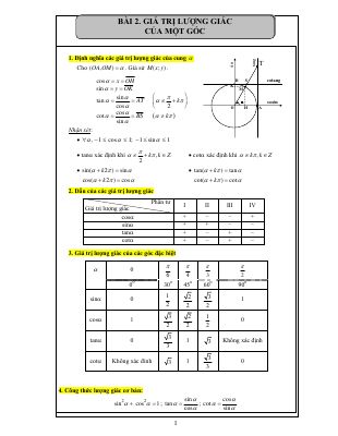 Chuyên đề Giá trị lượng giác của một góc Hình học lớp 10 chi tiết