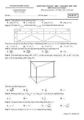 Đề kiểm tra học kì 1 môn Toán lớp 12 năm 2020 - 2021 THPT chuyên Huỳnh Mẫn Đạt - Mã đề 239