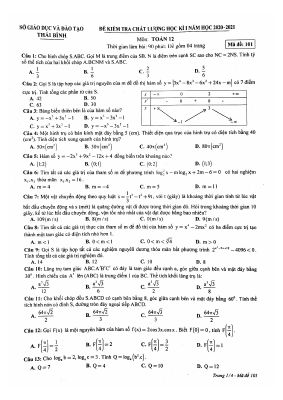 Đề kiểm tra học kì 1 môn Toán lớp 12 năm 2020 - 2021 tỉnh Thái Bình có đáp án chi tiết - Mã đề 101