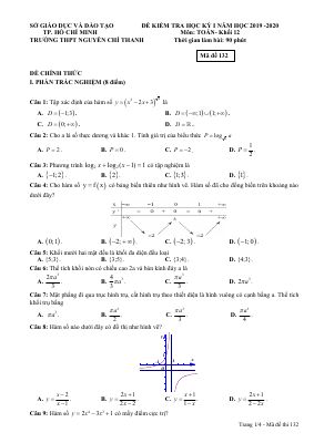 Đề thi học kì 1 môn Toán lớp 12 năm 2019 - 2020 THPT Nguyễn Chí Thanh có đáp án