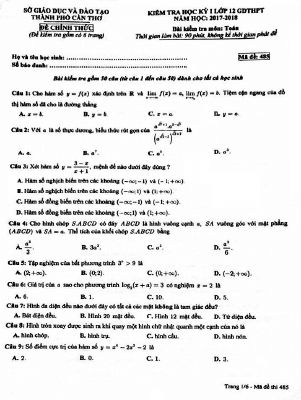 Đề thi học kỳ 1 Toán lớp 12 THPT năm học 2017  2018 sở Cần Thơ