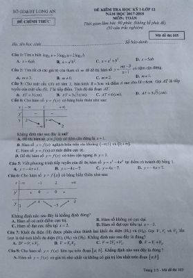 Đề kiểm tra học kỳ 1 Toán lớp 12 năm học 2017  2018 sở Long An