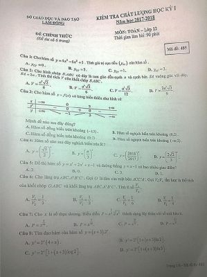 Đề kiểm tra học kỳ 1 Toán lớp 12 năm học 2017  2018 sở Lâm Đồng