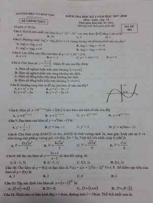 Đề thi học kỳ 1 Toán lớp 12 năm học 2017  2018 sở Bình Dương
