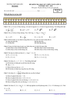 Đề kiểm tra học kỳ 1 Toán lớp 12 năm 2019 2020 THPT Kim Liên